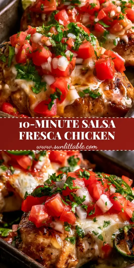 Salsa Fresca Baked Chicken with Bubbling Mozzarella 3 A rustic dark metal sheet pan featuring Salsa Fresca Baked Chicken topped with bubbling mozzarella and vibrant red tomato salsa.