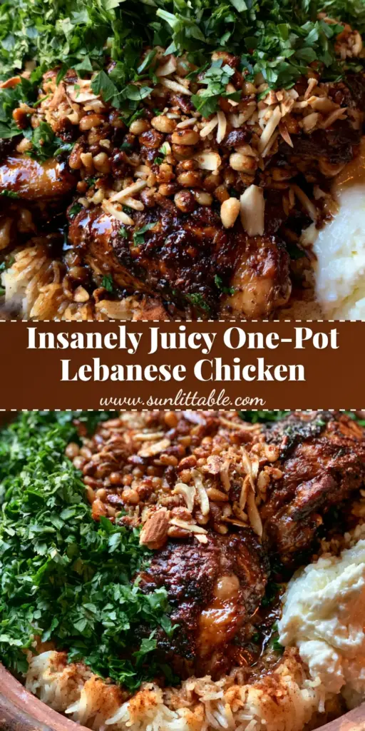 Lebanese Chicken and Fluffy Spiced Hashweh Rice 4 Overhead view of Lebanese Chicken with charred thighs, golden basmati rice, toasted nuts, and fresh parsley in a white pot.