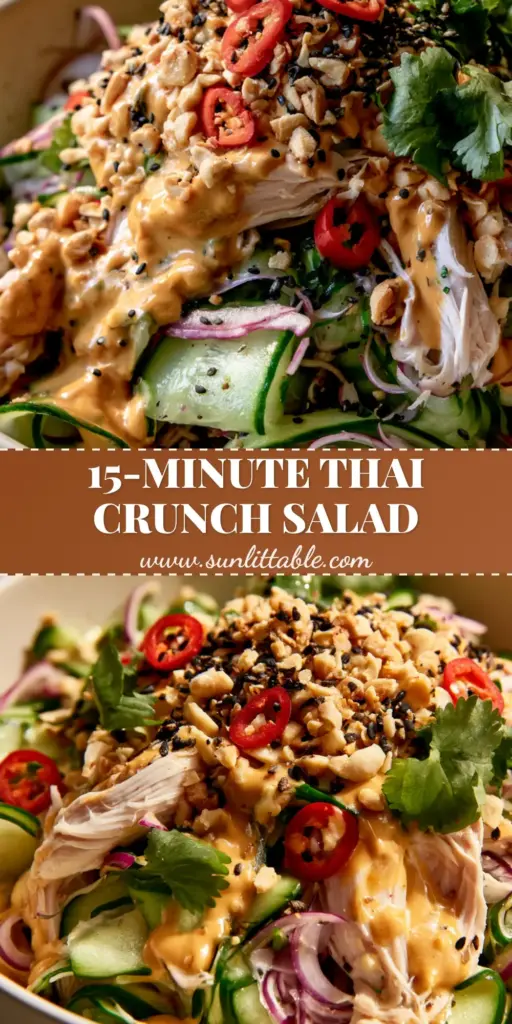 Thai Cucumber Salad with Chicken: The Ultimate Crunchy Peanut Bowl 3 A close-up vertical shot of Thai Cucumber Salad with Chicken in a cream bowl, featuring ribboned cucumbers, shredded chicken, and thick peanut dressing drizzled on top.