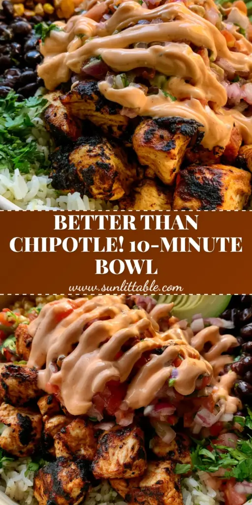 Chicken burrito bowl with Charred Blackened Chicken and Chipotle Crema 4 A high-protein Chicken burrito bowl featuring charred blackened chicken, fluffy cilantro lime rice, and a drizzle of orange chipotle crema.