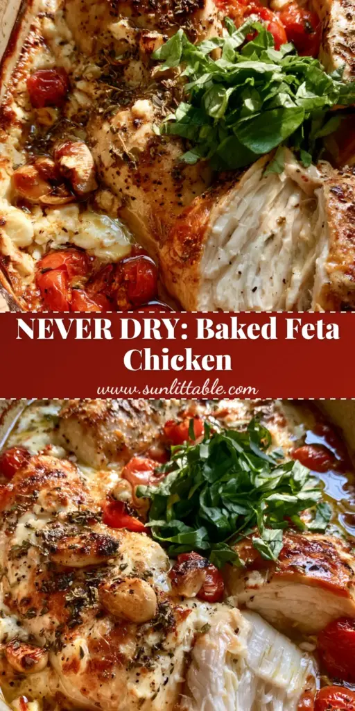 Baked Chicken with Feta: The Ultimate One-Pan Mediterranean Dinner 4 A rustic ceramic dish featuring golden-brown sliced chicken breast, a melted block of feta with charred edges, and blistered cherry tomatoes in olive oil. (baked chicken with feta)