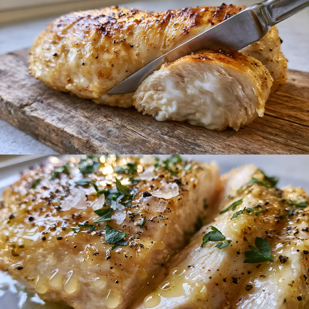Baked Chicken: The Juiciest Garlic Herb Butter Recipe 2 A whole golden-brown baked chicken breast being sliced on a rustic wooden board, revealing steaming white meat.