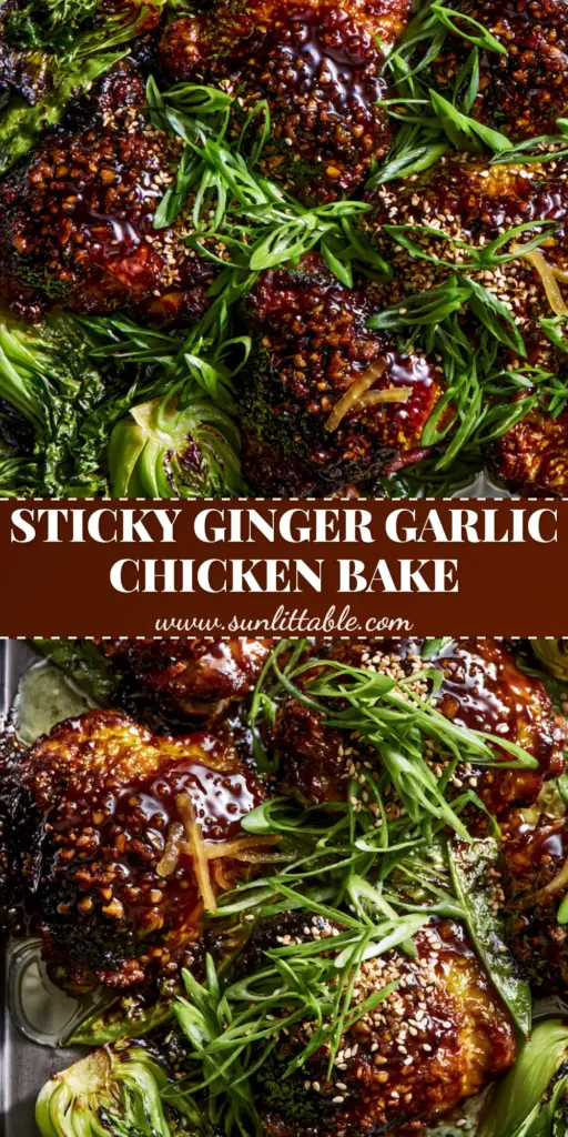 Ginger Garlic Chicken Thigh Bake with Charred Bok Choy 4 Top-down view of Ginger Garlic Chicken Thigh Bake on a dark sheet pan with crispy skin, charred bok choy, and ginger matchsticks.