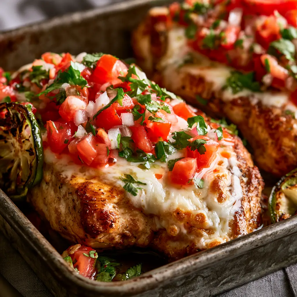 Salsa Fresca Baked Chicken with Bubbling Mozzarella 2 Close up of seared golden-brown chicken breast with melted bubbling mozzarella and chunky salsa fresca. (Salsa Fresca Baked Chicken)