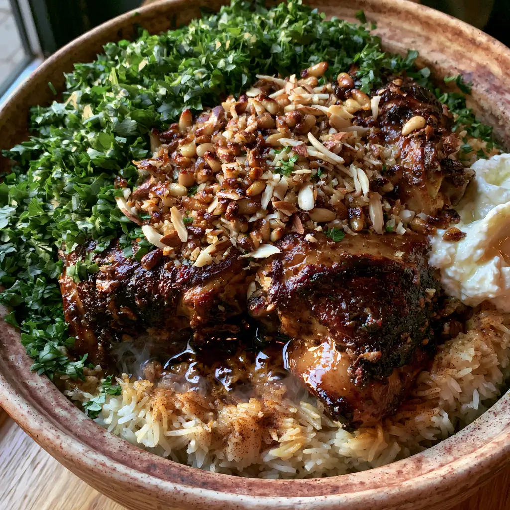 Lebanese Chicken and Fluffy Spiced Hashweh Rice 2 Handheld photo showing seared Lebanese Chicken thighs and steam rising from spiced basmati rice.