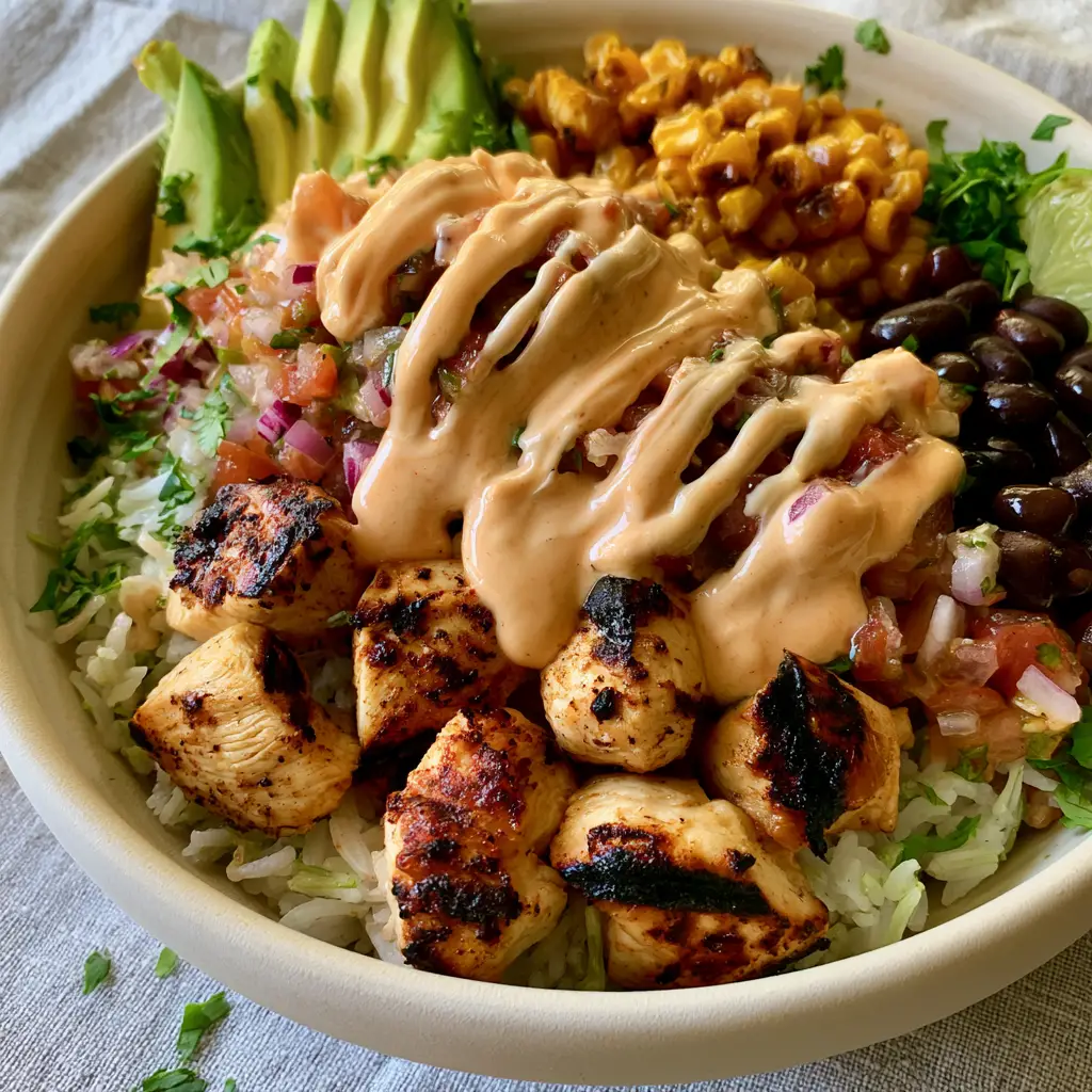 Chicken burrito bowl with Charred Blackened Chicken and Chipotle Crema 2 Close-up of a Chicken burrito bowl in a ceramic dish showing golden-brown grill marks on chicken and vibrant pico de gallo.