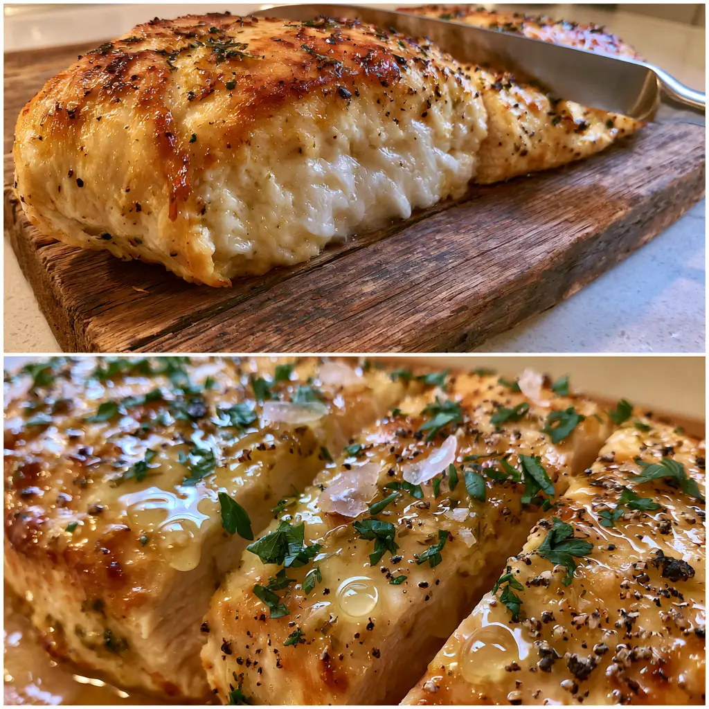 Baked Chicken: The Juiciest Garlic Herb Butter Recipe 1 Macro shot of sliced baked chicken breast glistening with clear juices and melted garlic butter glaze.