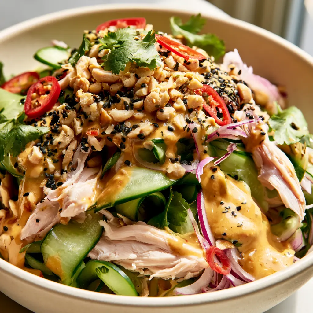 Macro photo of Thai Cucumber Salad with Chicken showing textures of crushed peanuts and red bird eye chilies over juicy shredded chicken.