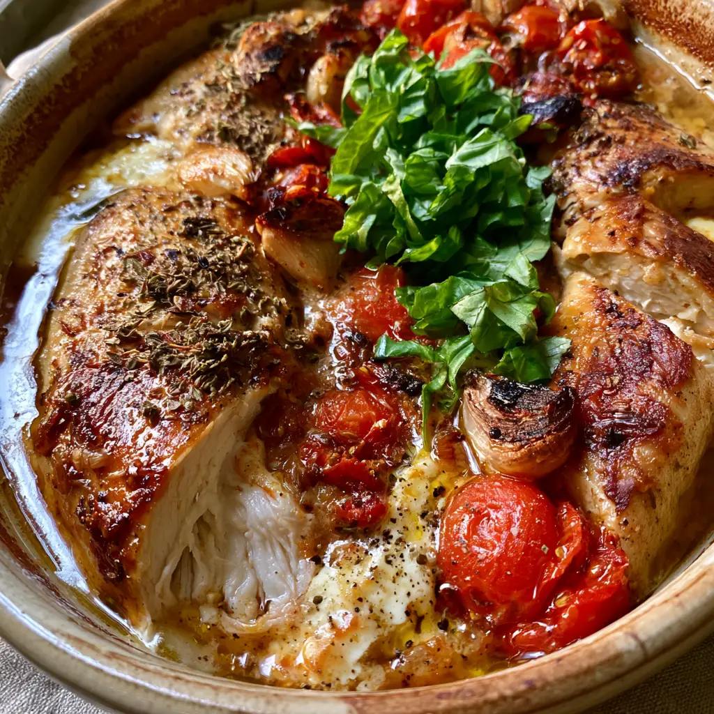 Baked Chicken with Feta: The Ultimate One-Pan Mediterranean Dinner 2 Top-down view of a ceramic baking dish filled with roasted chicken, bursting tomatoes, and creamy melted feta cheese. (baked chicken with feta)