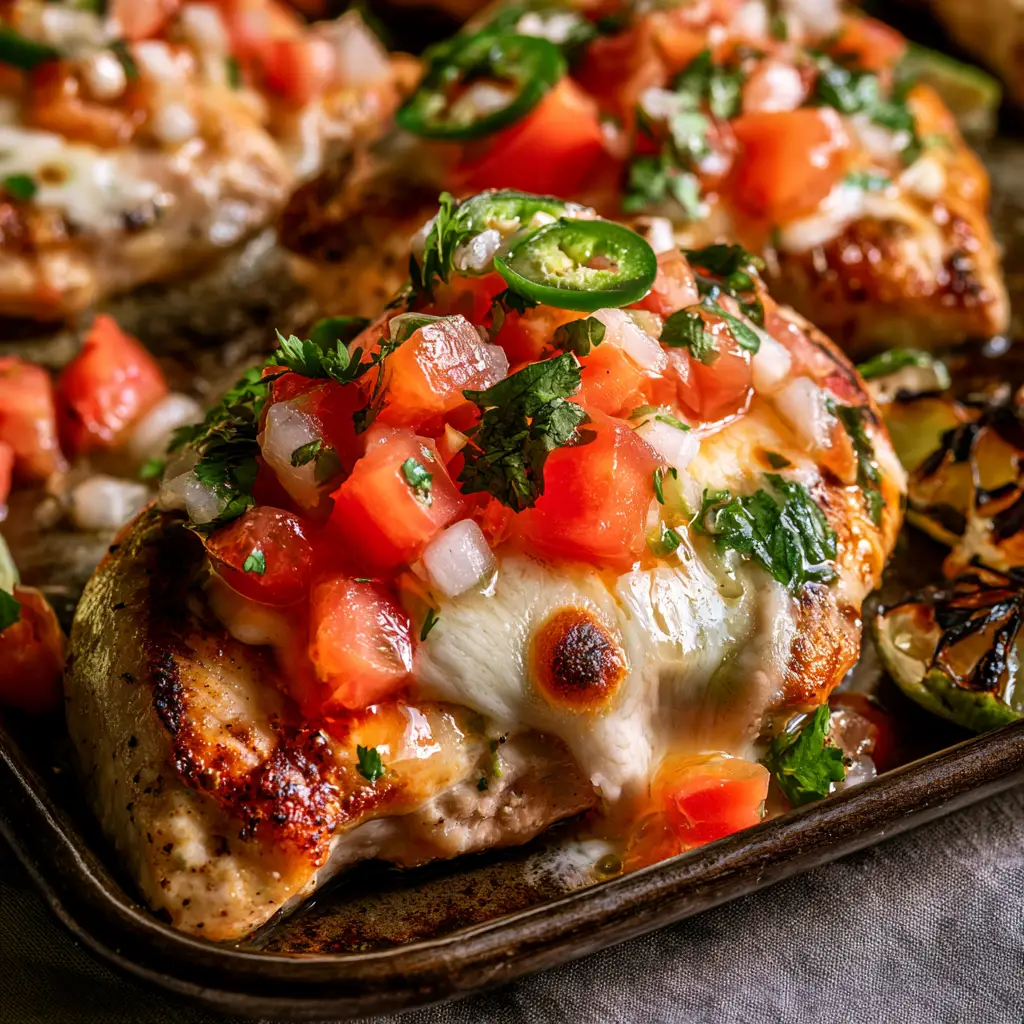 Salsa Fresca Baked Chicken with Bubbling Mozzarella 1 Overhead shot of Salsa Fresca Baked Chicken on a rustic sheet pan with charred lime wedges and fresh jalapenos.