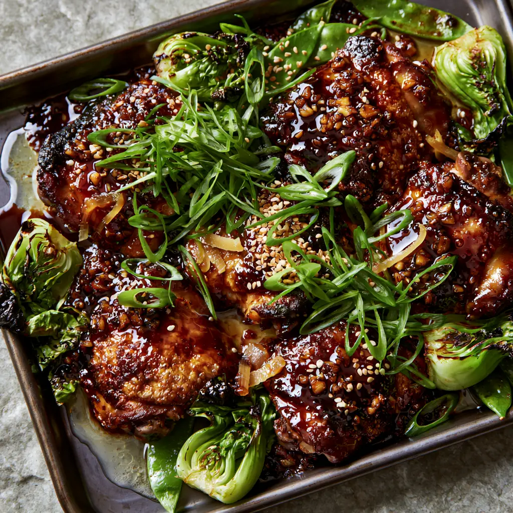 Ginger Garlic Chicken Thigh Bake with Charred Bok Choy 2 Close up of caramelized Ginger Garlic Chicken Thigh Bake showing bubbly amber glaze and toasted garlic.