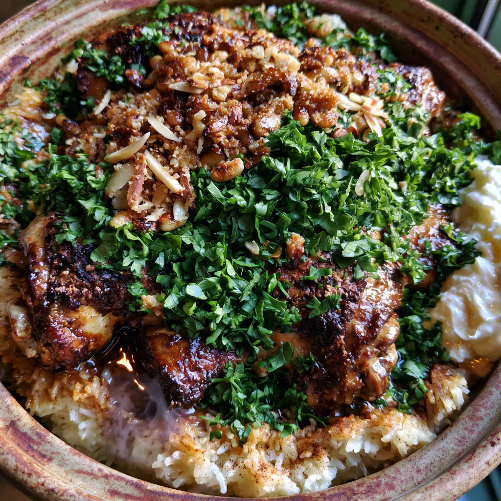 Lebanese Chicken and Fluffy Spiced Hashweh Rice 1 Close-up of fluffy golden-brown rice garnished with toasted pine nuts and a forest of parsley for Lebanese Chicken.