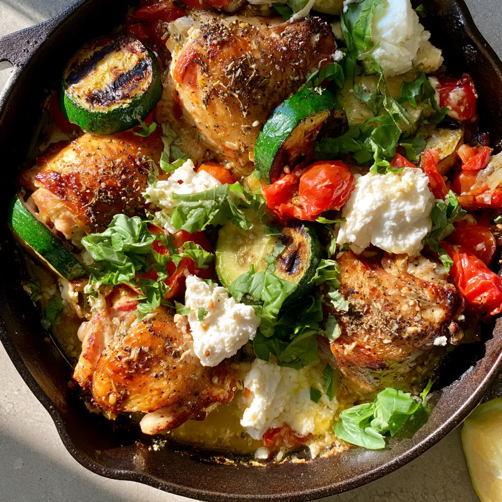 Smartphone photo showing the garlic-butter pan sauce and blistered cherry tomatoes in a Mediterranean chicken dish.