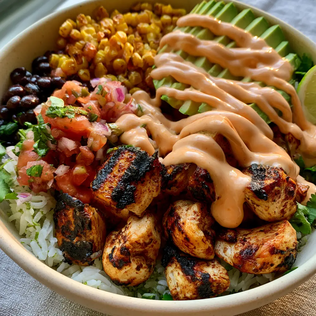 Chicken burrito bowl with Charred Blackened Chicken and Chipotle Crema 1 Top-down view of a Chicken burrito bowl with glossy black beans, roasted corn, and thick chipotle lime crema drizzle.