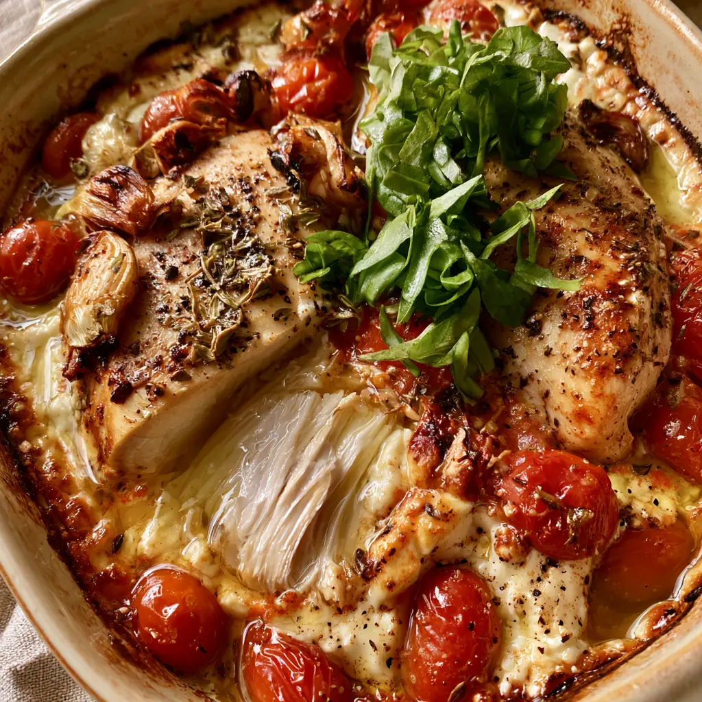Baked Chicken with Feta: The Ultimate One-Pan Mediterranean Dinner 1 Close-up of glistening white chicken fibers and melted feta cheese with fresh basil ribbons.