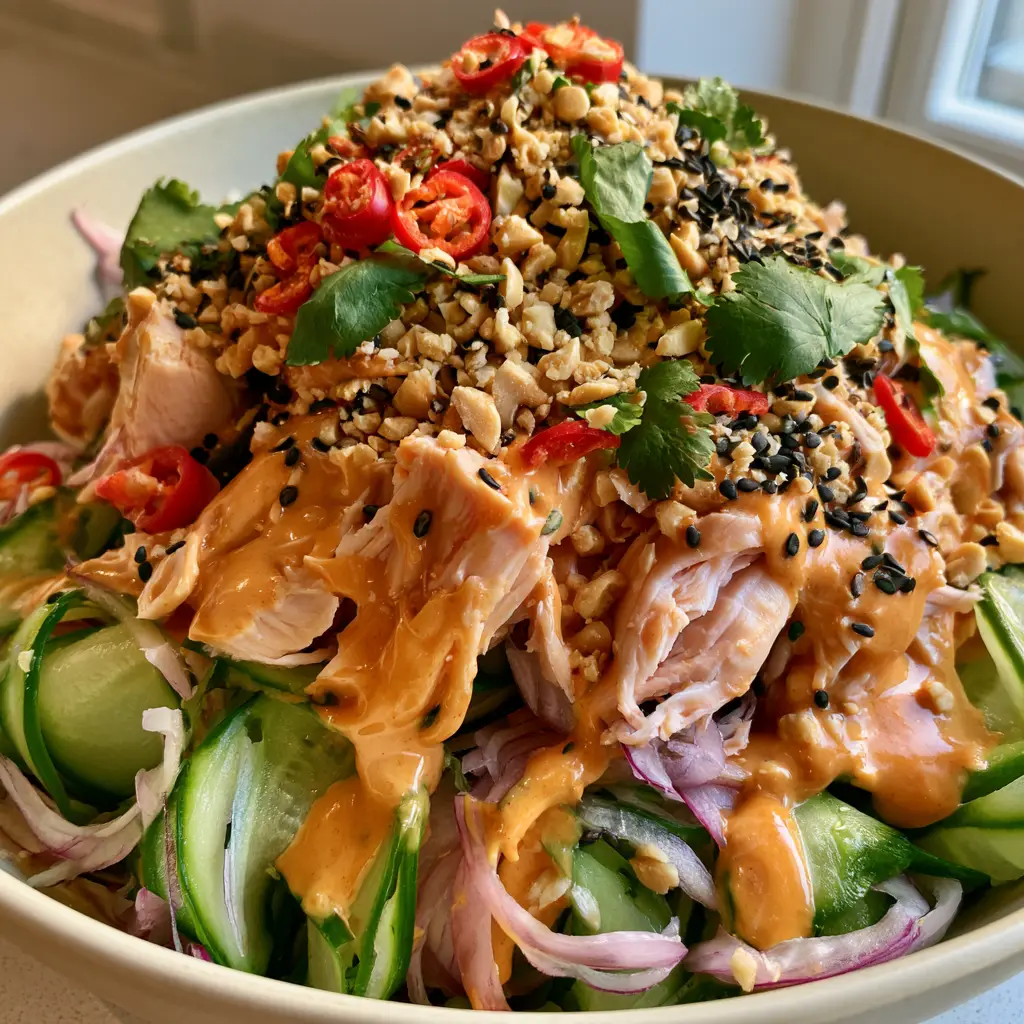 Thai Cucumber Salad with Chicken: The Ultimate Crunchy Peanut Bowl 1 Eye-level shot of Thai Cucumber Salad with Chicken in a ceramic bowl with natural daylight highlighting the fresh cucumber ribbons.