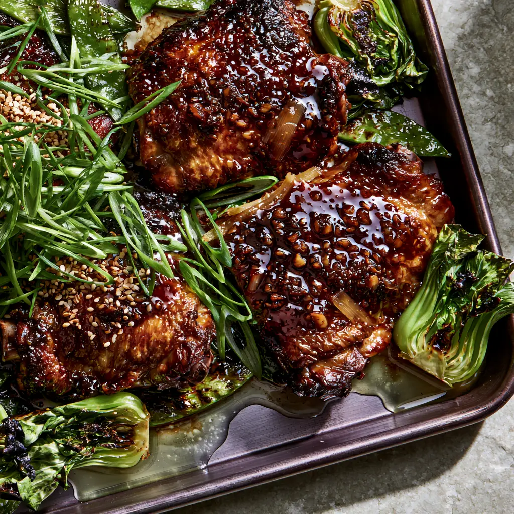 Ginger Garlic Chicken Thigh Bake with Charred Bok Choy 1 Full sheet pan of Ginger Garlic Chicken Thigh Bake with blistered snap peas and charred baby bok choy.