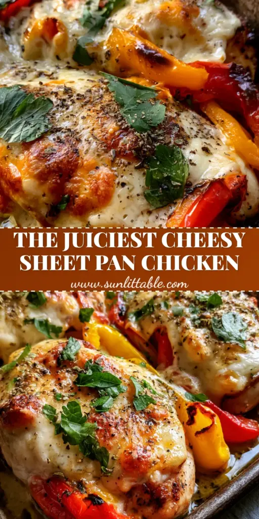 Cheesy Baked Chicken Breast and Peppers: The Ultimate Sheet Pan Meal 3 A close-up vertical shot of cheesy baked chicken breast and peppers on a sheet pan with bubbly mozzarella and charred peppers.