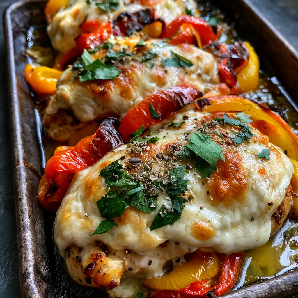 Cheesy Baked Chicken Breast and Peppers: The Ultimate Sheet Pan Meal 2 Rustic metal sheet pan featuring three roasted chicken breasts covered in melted mozzarella and toasted parmesan with blistered red and yellow peppers. (cheesy baked chicken breast and peppers)