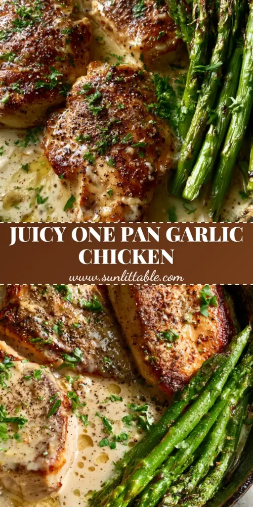 Creamy Baked Chicken and Asparagus with Garlic Parmesan Sauce 4 A rustic skillet filled with Creamy Baked Chicken and Asparagus in a garlic parmesan sauce, topped with parsley and black pepper.