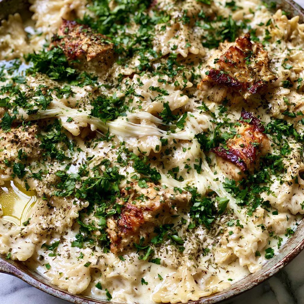 Mozzarella Garlic Butter Chicken Bowties: The Ultimate 20-Minute Creamy Dinner 2 Close up of seared chicken and al dente farfalle pasta in a glossy ivory garlic cream sauce. (Mozzarella Garlic Butter Chicken Bowties)