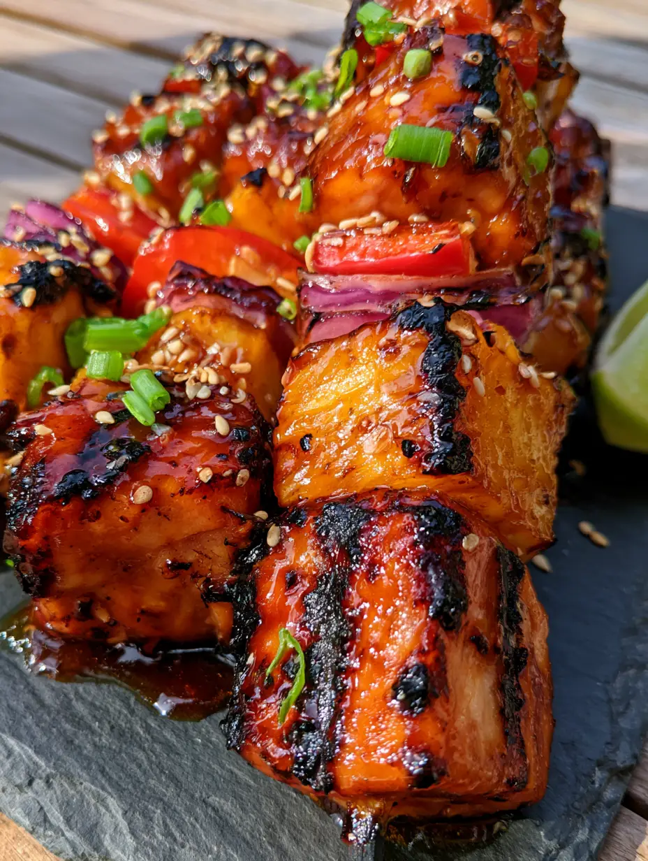 Pineapple Chicken Kabobs with Honey-Teriyaki Glaze 3 A handheld smartphone photo showing succulent pineapple chicken kabobs with visible charred grill marks and toasted sesame seeds. (pineapple chicken kabobs)