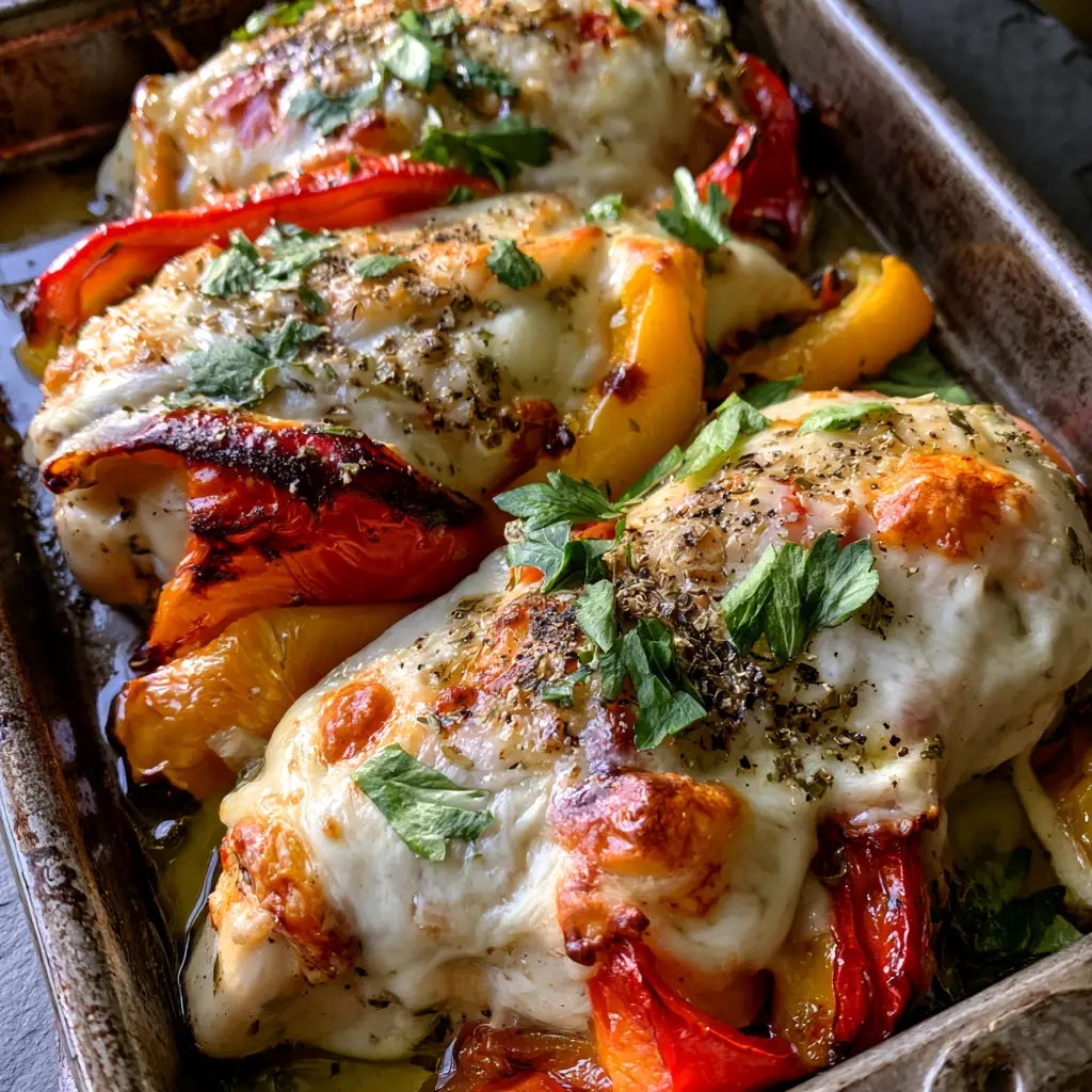 Cheesy Baked Chicken Breast and Peppers: The Ultimate Sheet Pan Meal 1 Macro view of golden-brown toasted parmesan on top of melted mozzarella over a succulent chicken breast. (cheesy baked chicken breast and peppers)