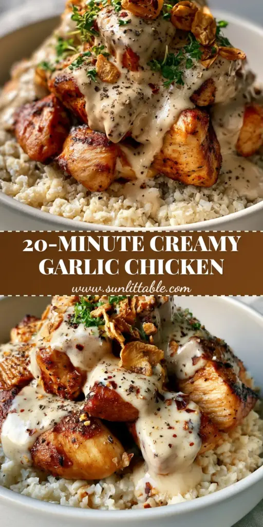 Creamy Garlic Chicken Bowls with Steamed Cauliflower Rice 4 A high-protein meal prep bowl featuring creamy garlic chicken bowls with golden chicken, ivory sauce, and cauliflower rice.