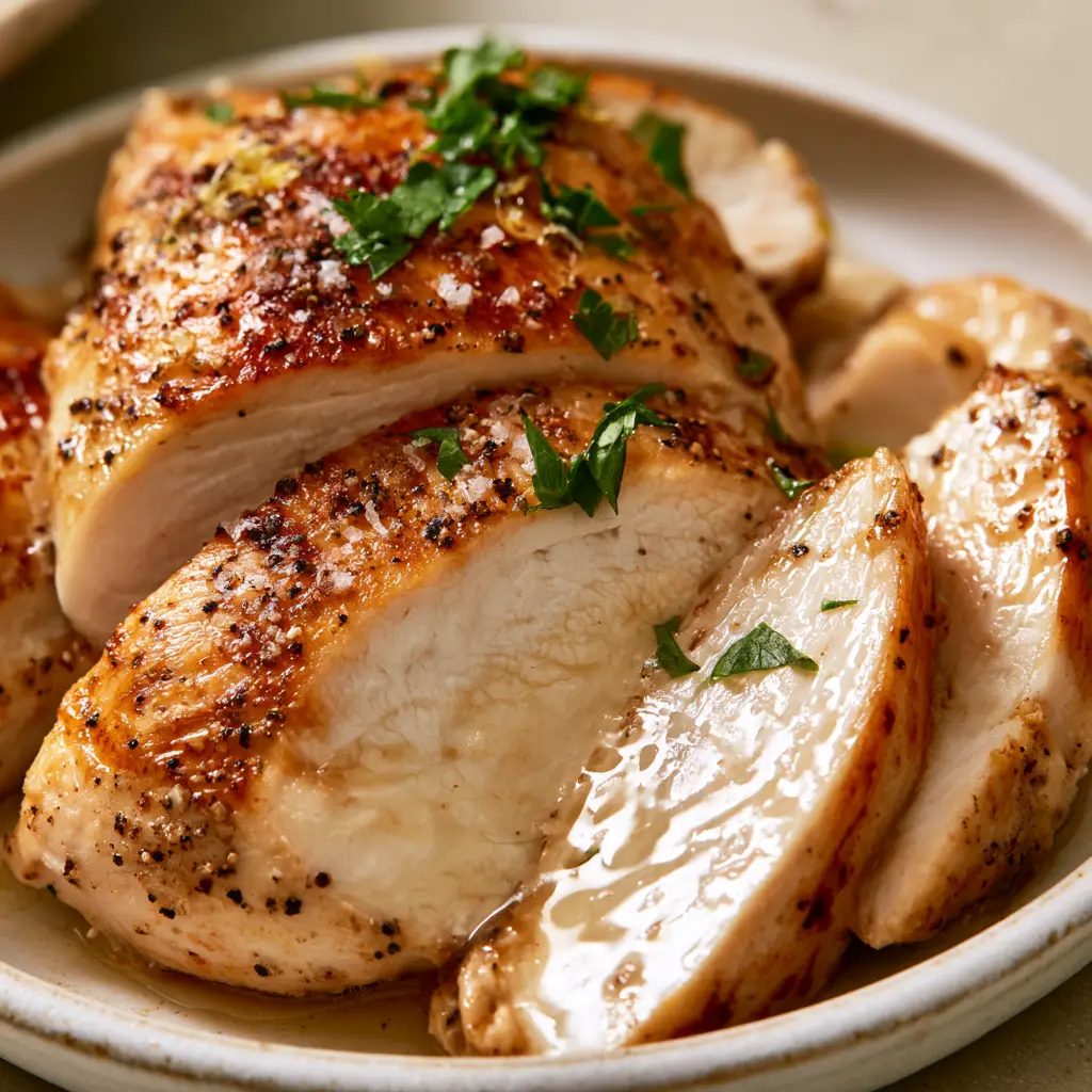 Oven-Baked Chicken Breast: The Secret to Juicy, Golden Success 2 Macro close-up of oven-baked chicken breast showing glistening juices and a golden seared crust.