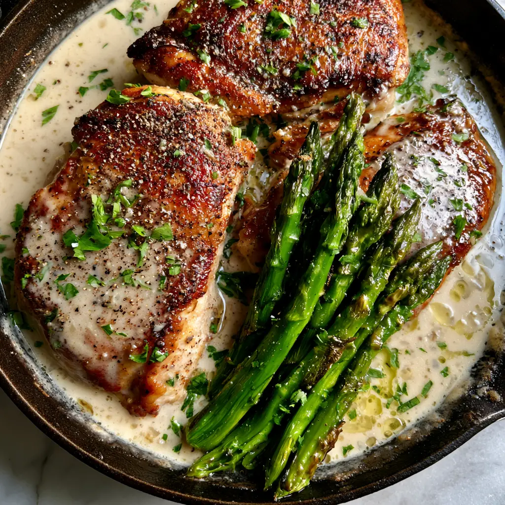 Creamy Baked Chicken and Asparagus with Garlic Parmesan Sauce 2 Top-down view of three seared chicken breasts and charred asparagus in a bubbling cream sauce. (Creamy Baked Chicken and Asparagus)