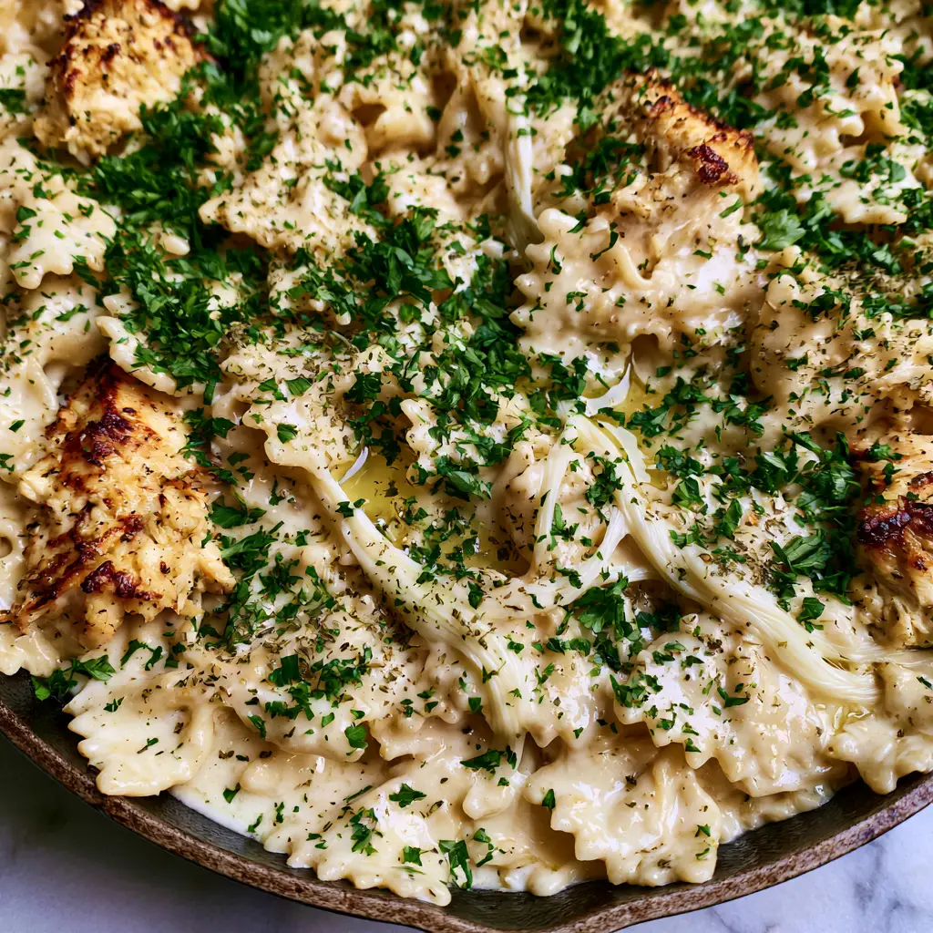Mozzarella Garlic Butter Chicken Bowties: The Ultimate 20-Minute Creamy Dinner 1 Rustic cast iron skillet filled with Mozzarella Garlic Butter Chicken Bowties garnished with fresh parsley.
