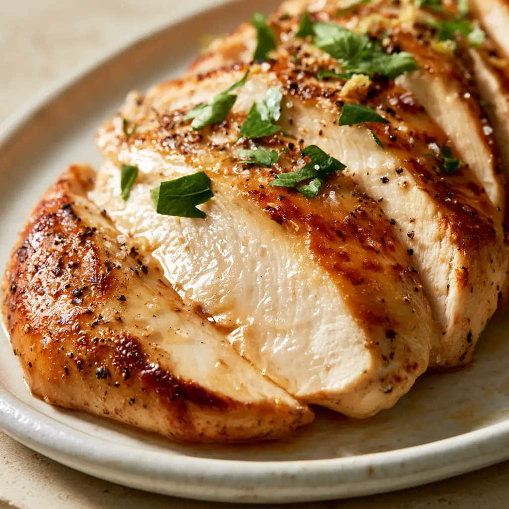 Oven-Baked Chicken Breast: The Secret to Juicy, Golden Success 1 Slices of oven-baked chicken breast seasoned with coarse sea salt and cracked black pepper.