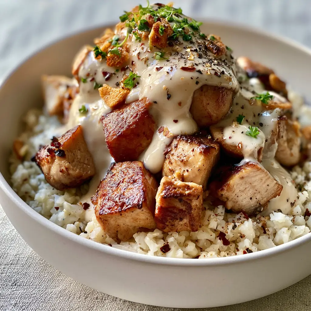 Creamy Garlic Chicken Bowls with Steamed Cauliflower Rice 2 Close up of golden-brown pan-seared chicken breast in a velvety garlic cream sauce for creamy garlic chicken bowls.