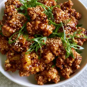 Extreme top-down close-up of glossy Chinese honey garlic chicken chunks showing rugged texture and caramelized garlic bits.