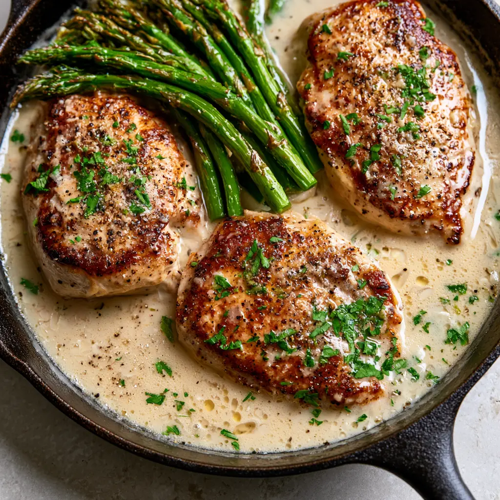 Creamy Baked Chicken and Asparagus with Garlic Parmesan Sauce 1 Close up of melted mozzarella clusters and cracked black pepper on Creamy Baked Chicken and Asparagus.