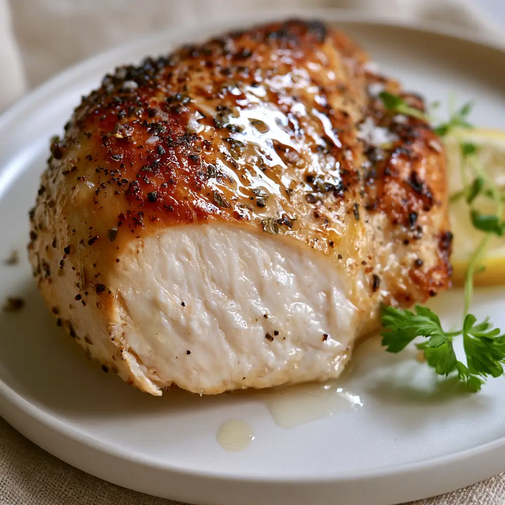 Plump seared chicken breast resting on a ceramic plate with translucent garlic butter glaze and clear juices.