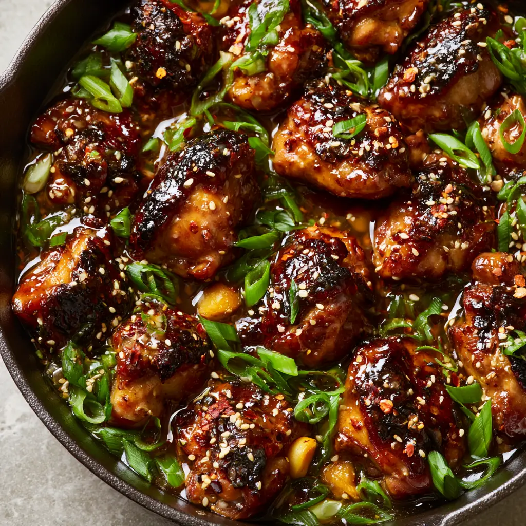 A cast iron skillet filled with chicken with garlic sauce, garnished with red chili flakes and vibrant green scallions on a grey stone countertop.