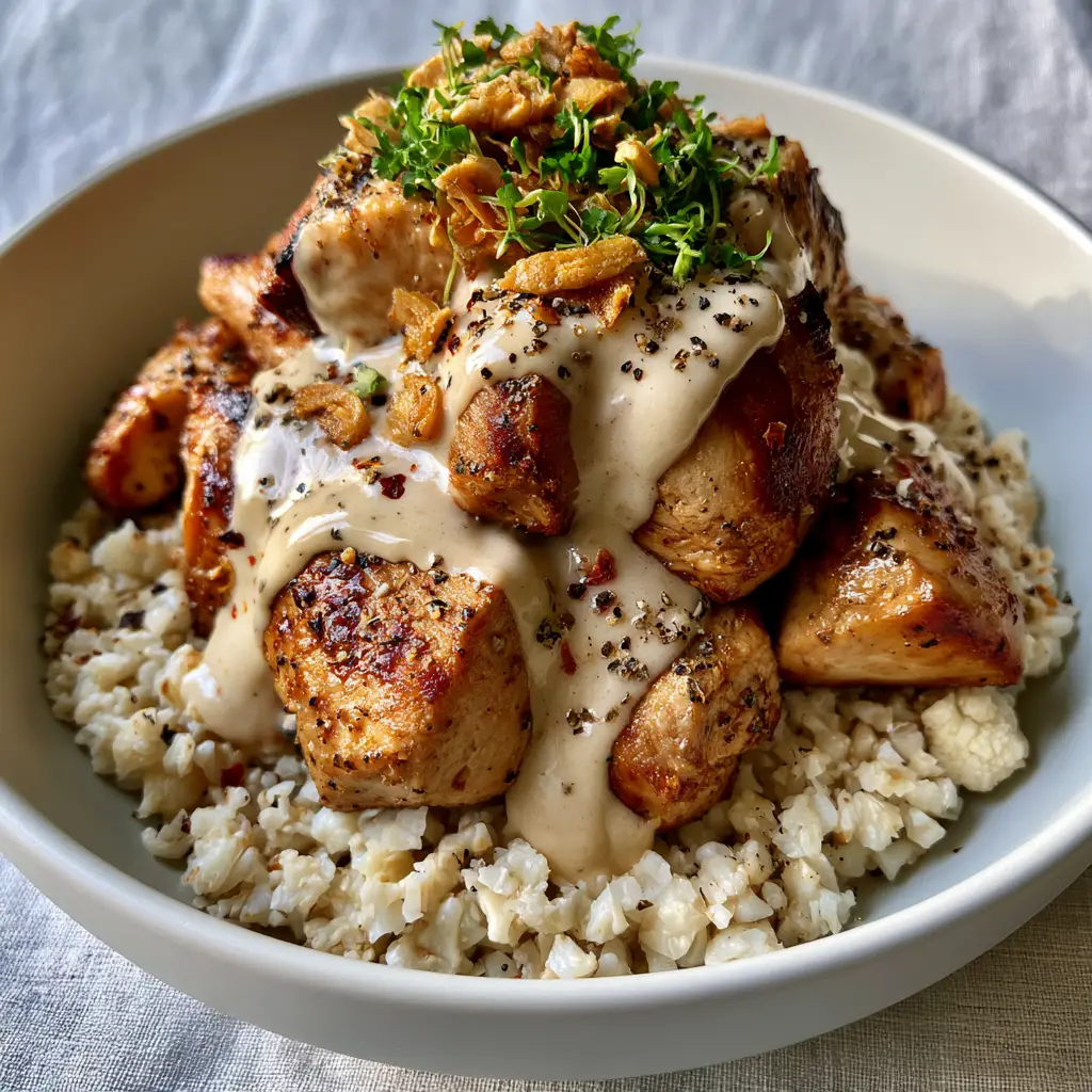 Creamy Garlic Chicken Bowls with Steamed Cauliflower Rice 1 Creamy garlic chicken bowls served in a matte white ceramic bowl with micro-parsley and red pepper flakes.