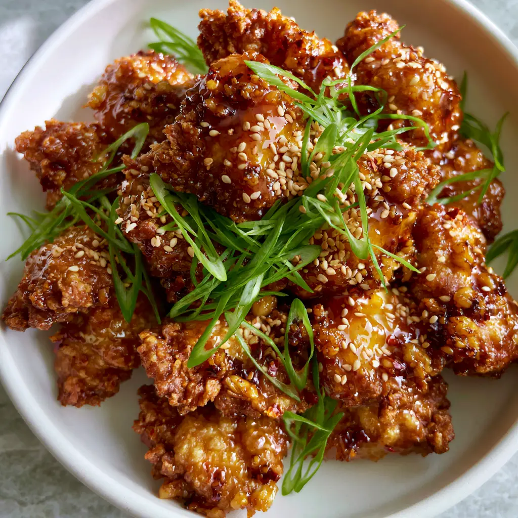 Chinese honey garlic chicken: The Ultimate Crispy Double-Fried Guide 1 A pile of Chinese honey garlic chicken garnished with bright green scallions and white sesame seeds on a neutral stone background.