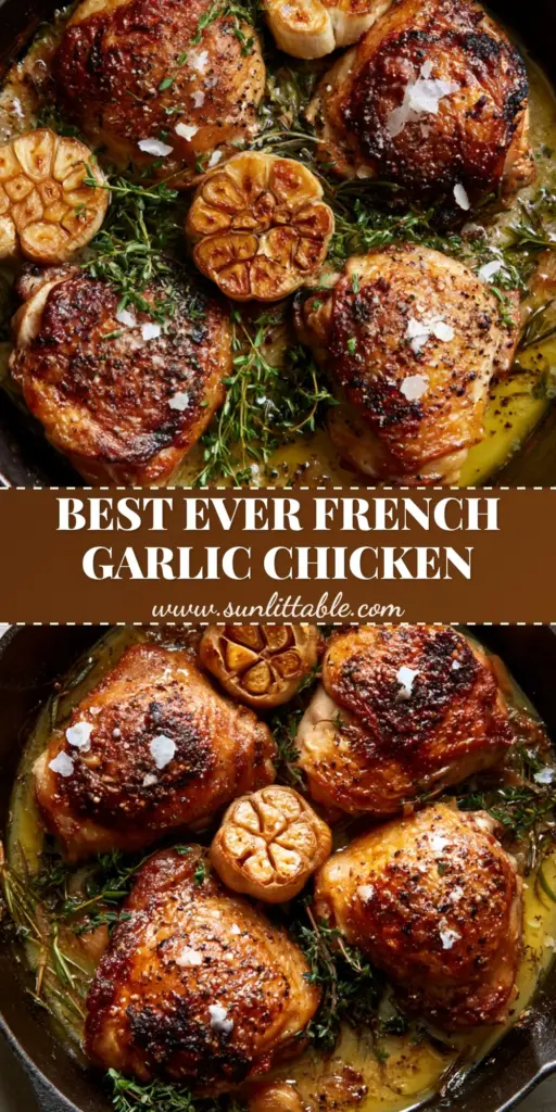 Oven-Roasted French Garlic Chicken with Crispy Skin and Caramelized Garlic 3 A top-down view of Oven-Roasted French Garlic Chicken in a cast iron skillet with crispy skin, caramelized garlic heads, and fresh thyme.