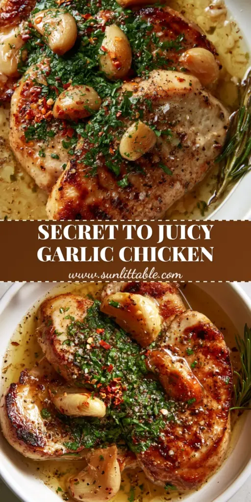 Garlic Herb Chicken Breasts with Roasted Garlic Butter 3 A vertical Pin showing top-down slices of pan-seared garlic herb chicken breasts in a white ceramic skillet with roasted garlic and parsley.