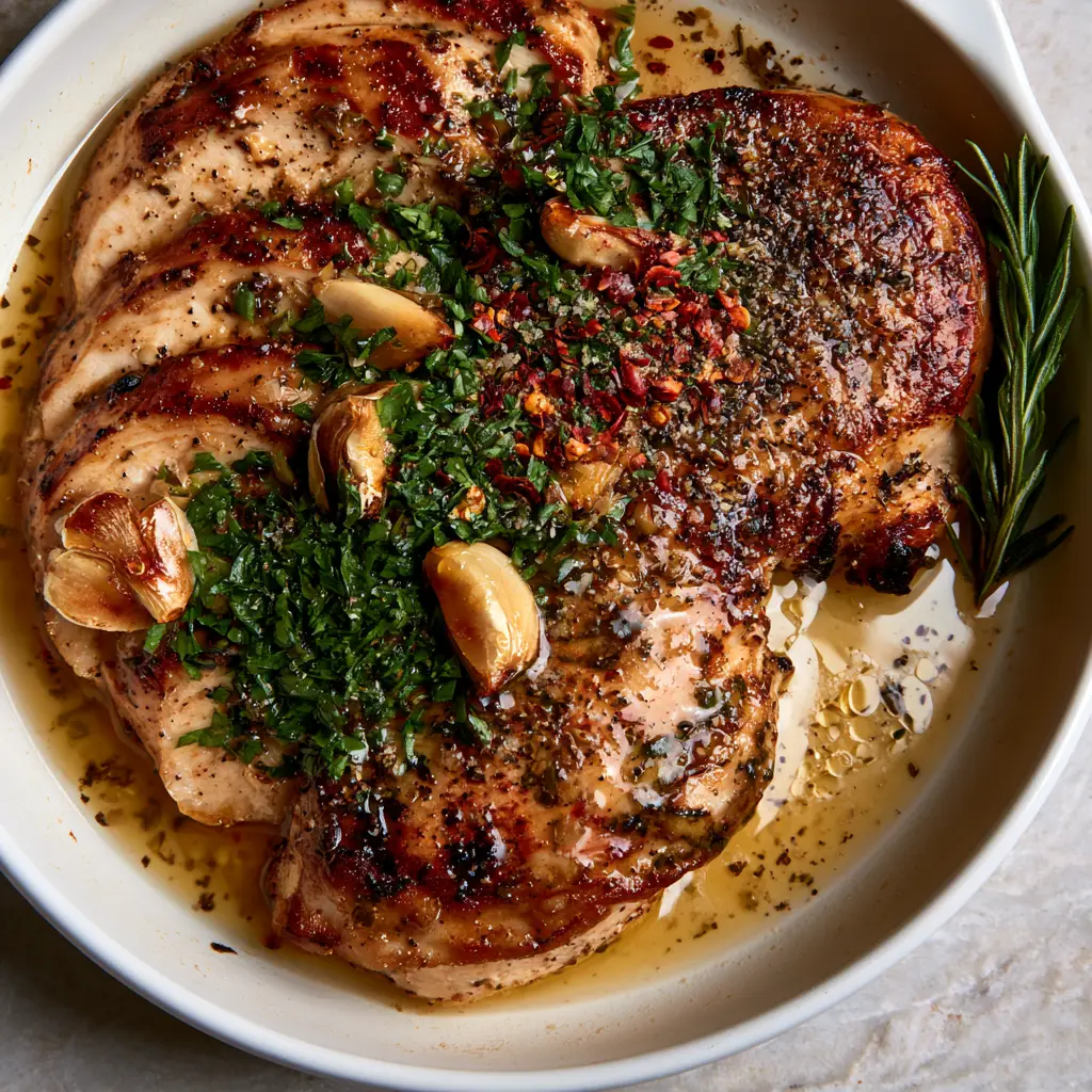 Garlic Herb Chicken Breasts with Roasted Garlic Butter 2 Macro top-down view of thick-cut slices of pan-seared garlic herb chicken breasts with a golden crust and glistening butter sauce.