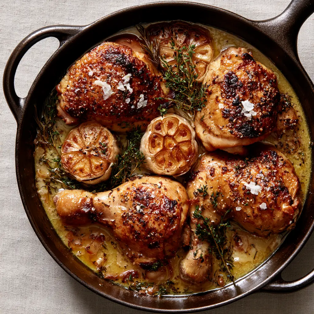 Oven-Roasted French Garlic Chicken with Crispy Skin and Caramelized Garlic 2 Rustic cast iron skillet with golden-brown Oven-Roasted French Garlic Chicken and blistered skin edges.