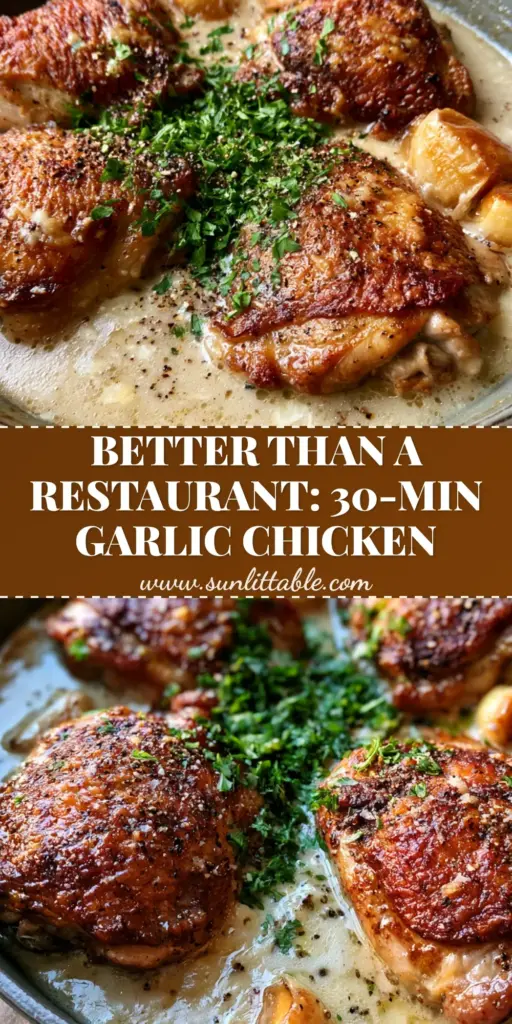 Creamy Garlic Chicken Thighs with Roasted Garlic and Parmesan 3 A top-down view of Creamy Garlic Chicken Thighs in a cast iron skillet with thick ivory sauce, roasted garlic, and parsley.