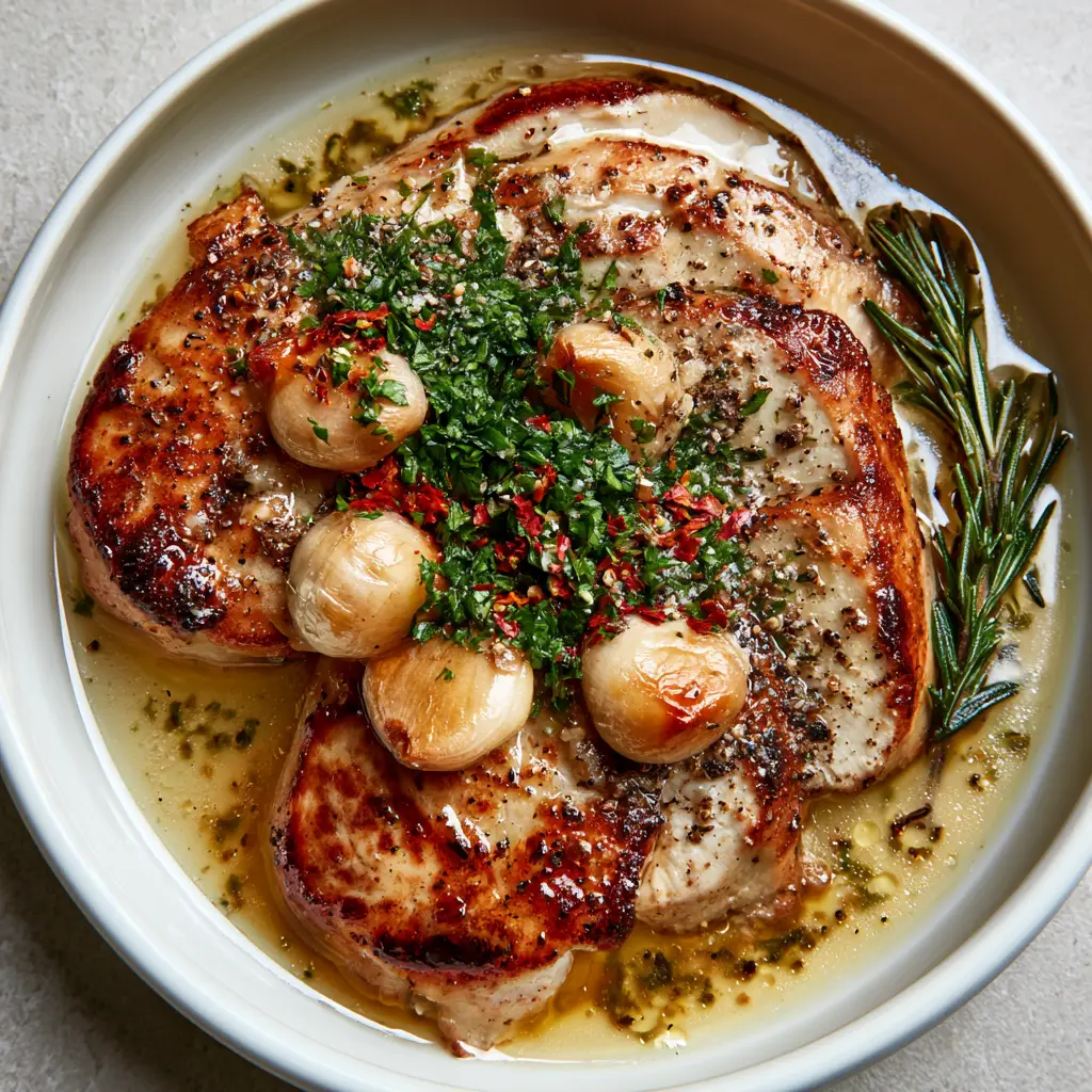 Garlic Herb Chicken Breasts with Roasted Garlic Butter 1 Close-up of garlic herb chicken breasts in a white skillet featuring whole roasted garlic cloves and fresh rosemary.