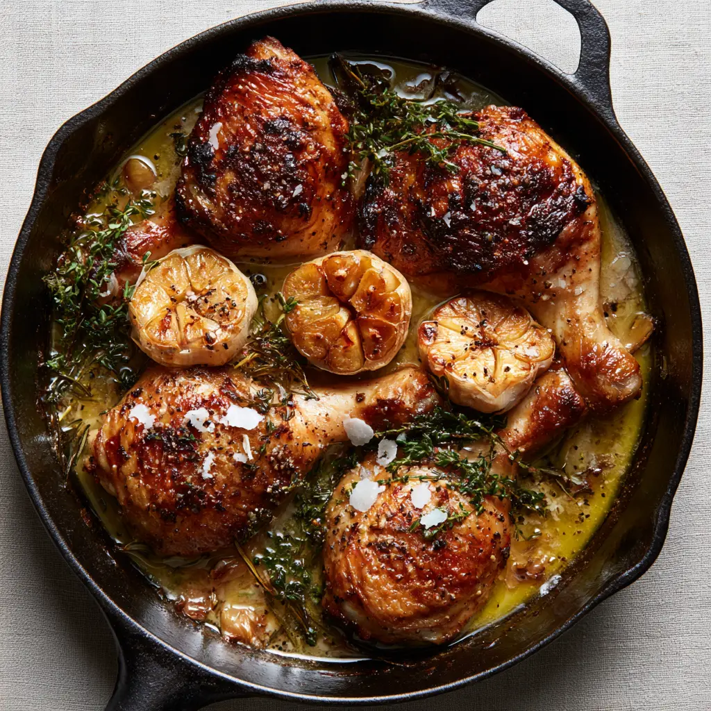 Oven-Roasted French Garlic Chicken with Crispy Skin and Caramelized Garlic 1 Close up of caramelized garlic cloves and roasted shallots in the Oven-Roasted French Garlic Chicken pan sauce.
