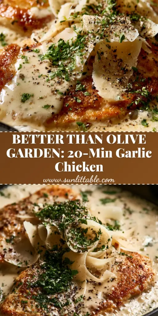 Creamy Garlic Parmesan Chicken Recipe with a Golden Crust 4 A tall Pinterest pin showing a close-up of Creamy Garlic Parmesan Chicken Recipe in a cast iron skillet with bubbling white sauce and fresh green parsley.