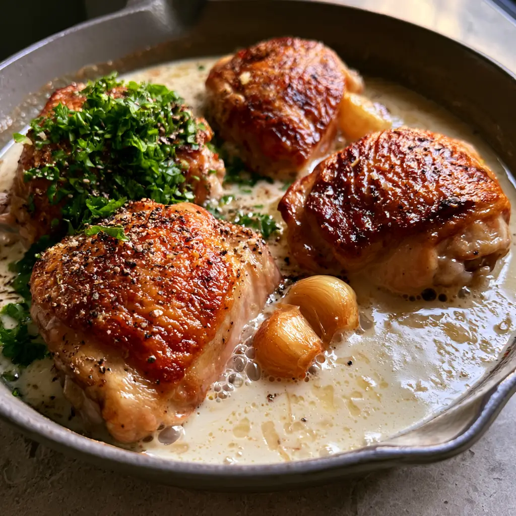 Creamy Garlic Chicken Thighs with Roasted Garlic and Parmesan 2 Close up shot of crispy seared chicken thighs in a glossy garlic cream sauce with tiny bubbles. (Creamy Garlic Chicken Thighs)