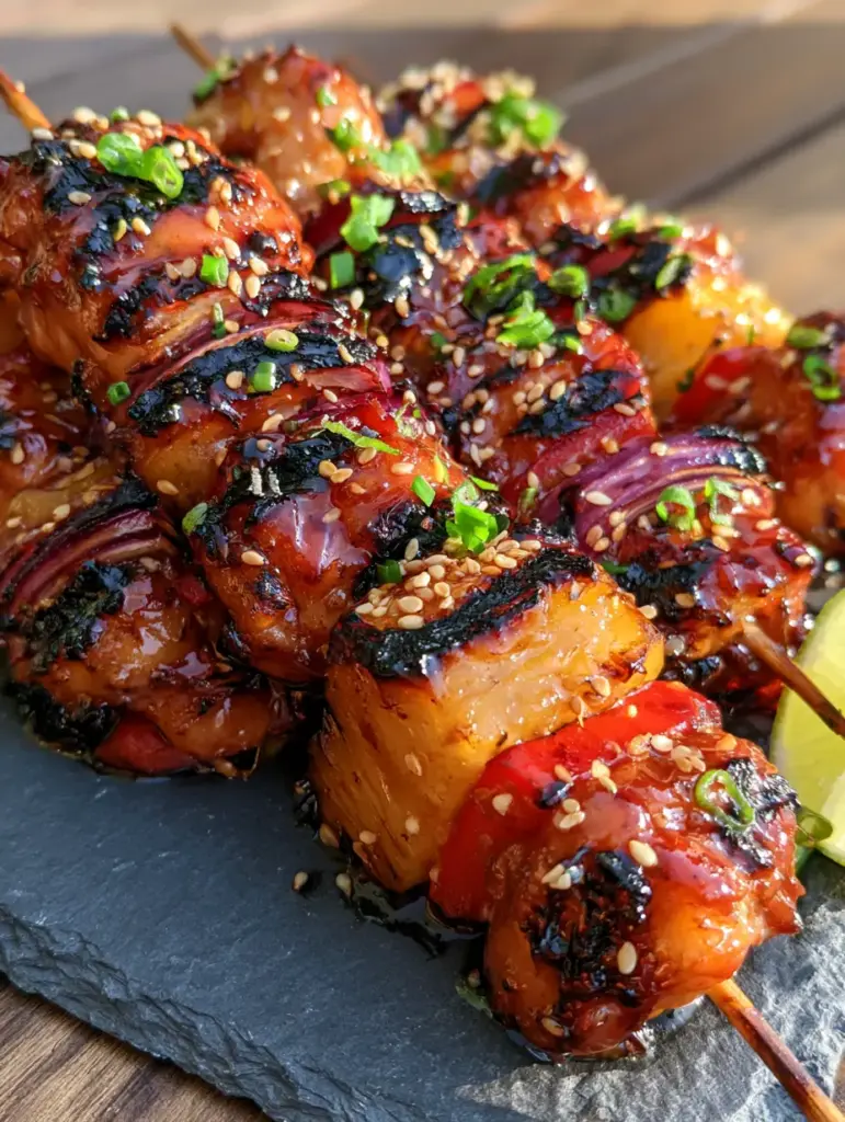 Pineapple Chicken Kabobs with Honey-Teriyaki Glaze 1 Vibrant red bell peppers and blistered onions wedged between glazed chicken on a slate platter.
