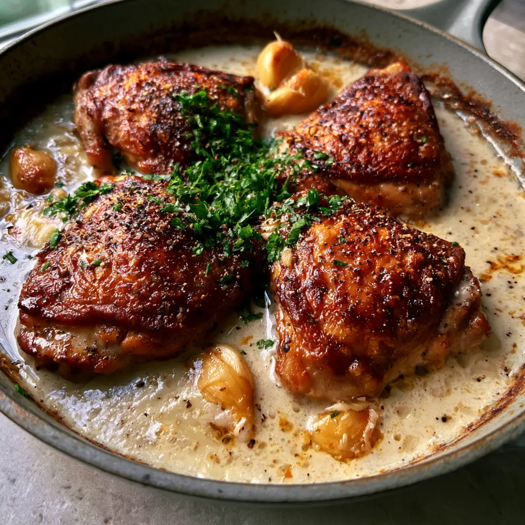 Creamy Garlic Chicken Thighs with Roasted Garlic and Parmesan 1 A rustic cast iron skillet filled with chicken thighs, roasted garlic cloves, and melted parmesan flakes.
